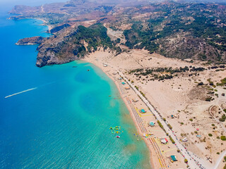 Aerial drone sea view of Tsambika beach, Rhodes island, Greece, Europe