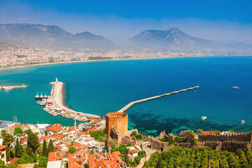Landscape of Alanya, Antalya, Turkey. Tourist beach city with blue sea