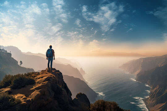 Silhouette of Hiker on Mountain Summit Overlooking Ocean View: High-Quality Stock Image for Adventure, Travel, and Nature Themes
