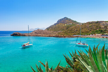 Sea view and beach in Ladiko bay, Rhodes island, Greece, Europe