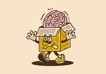Mascot character of a cardboard box with a human brain on it