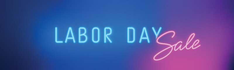 Labor Day Sale adversting banner. Neon Text on colorful background. Design for web site, greeting banner, social media.