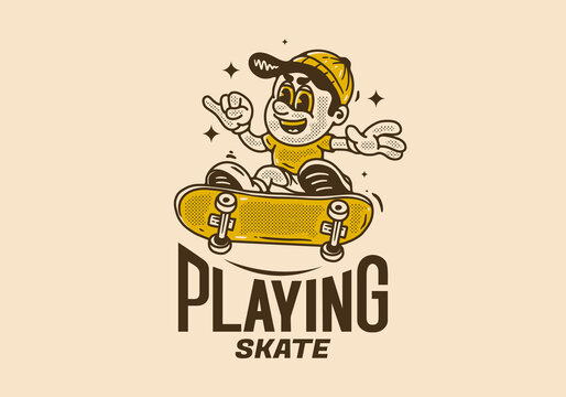 Playing skate, Mascot character of a boy on a skateboard
