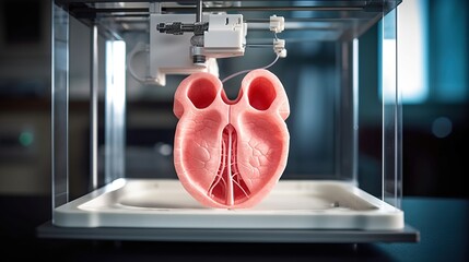 3D printer prints a human heart. Medical implantation of organs. AI generated.