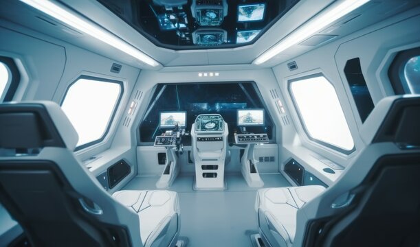 Spacecraft control room with seats. Futuristic, scientific and science concept