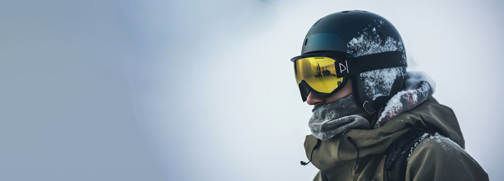 Skier in glasses close-up, background of snow-covered ski peaks of the mountains. AI generated.
