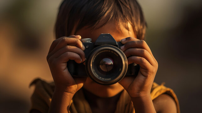 World photography day, girl takes photo with camera, professional hobby. AI generated.