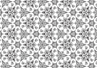 Pattern Floral and Geometric Elements. Seamless Floral Ethnic Pattern. Arabic Indian Motifs Abstract Floral Ornament Thin Line. Vector Wallpaper Background Fabric Paper  Black and White Graphic Design