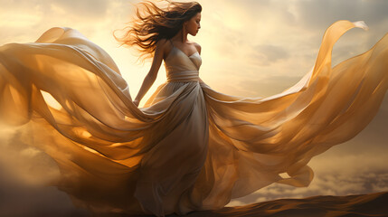 Woman dress flowing in the wind while in the desert and sun shining gorgeous silk   - obrazy, fototapety, plakaty