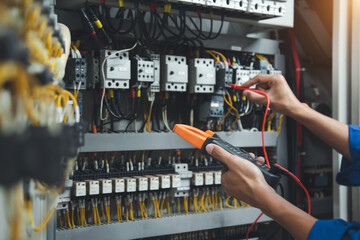 Electrician measurements with multimeter testing current electric in control panel, safety concept . - obrazy, fototapety, plakaty