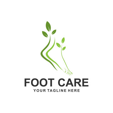 Women's foot in green leaves. Abstract design concept for beauty salon, pedicure, cosmetic, organic care and spa. Vector logo design template.