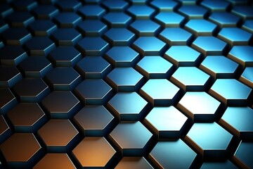 Abstract blue and orange hexagon background with dramatic lighting