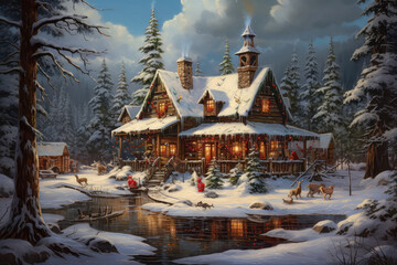 Obraz premium Outdoor view of Christmas house with party in the christmas festival. (ai generated)