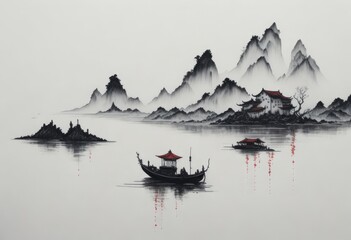 muted Chinese ink painting scroll, AI generated © Mystery