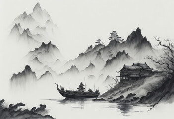 muted Chinese ink painting scroll, AI generated © Mystery