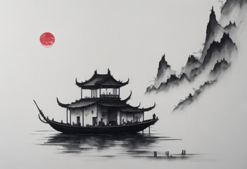 muted Chinese ink painting scroll, AI generated