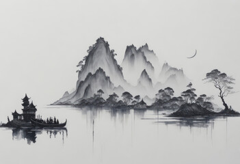 muted Chinese ink painting scroll, AI generated © Mystery