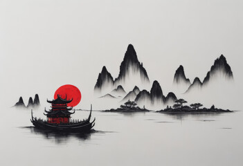 muted Chinese ink painting scroll, AI generated © Mystery