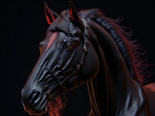 Portrait of black horse with red eyes, AI generated