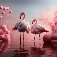 Beautiful pink flamingos are standing in calm shallow water. The landscape is surreal, full of fluffy pink clouds and strange plants.