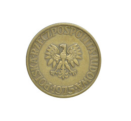 5 Zlot coin made by Poland in 1975, that shows Coat of Arms - obrazy, fototapety, plakaty