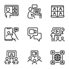 Business Video Conferencing line icons set. teaching, seminar, corporation, teacher, audience, monitor, brainstorming, conference, course, discussion, management, teamwork, meeting