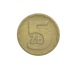 5 Zlot coin made by Poland in 1975, that shows Numeral value - obrazy, fototapety, plakaty