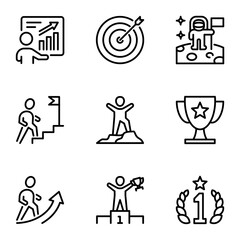 goal and success line icons set. medal, winning, trophy, opportunity, progress, win, winner, leadership, performance, skill, target, aspirations, award, improvement