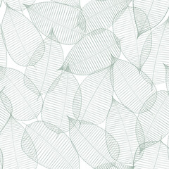 Seamless floral abstract background with  leaves drawn by thin lines. Grey  background with white leaves, monochrome.Vector floral  pattern
