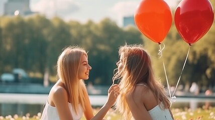 Young happy couple two girls in casual clothes with a balloon walk in the park, women in love on a date. the concept of LGBTQ or girlfriends. Generative AI