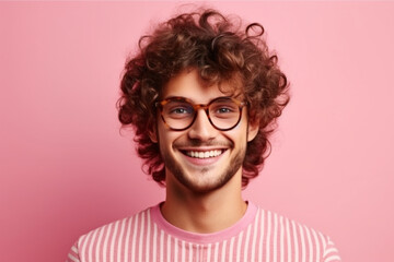Fototapeta na wymiar Headshot of pleased hipster has satisfied expression, curly hair and bristle, wears round transparent glasses and striped t shirt, feels glad after promotion at work, isolated over pink background