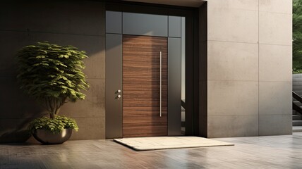 What better way to enter your perfect home than through a modern clear wooden door. Generative AI Technology  - obrazy, fototapety, plakaty