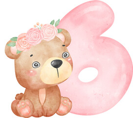 Baby Bear Birthday Girl with Numbers 6, Wearing Flower Crown,Watercolor Nursery PNG Set