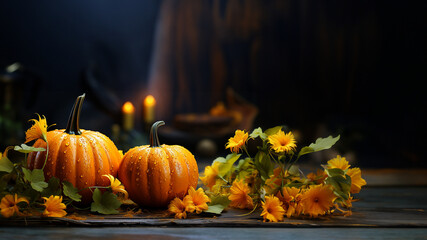 Viele Kürbisse mit wunderschöner Bokeh Lichtstimmung zu Halloween Nahaufnahme, ai generativ