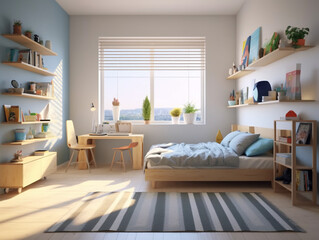 Modern cozy bedroom with shelves for teenager