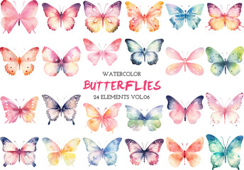 Obraz na płótnie Canvas Vector watercolor painted butterflies clipart. Hand drawn design elements isolated on white background.