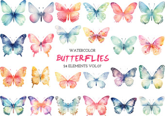 Vector watercolor painted butterflies clipart. Hand drawn design elements isolated on white background.