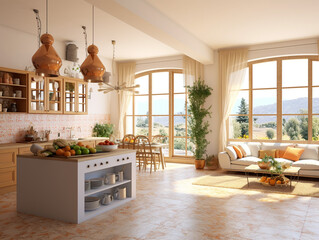 Modern kitchen and living room in Provence style