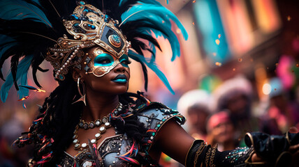 A girl in a mask and paints at the festival.High quality illustration