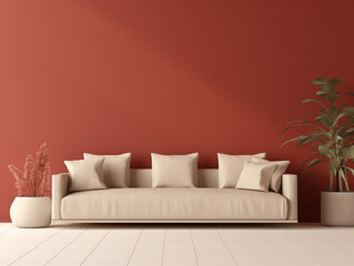 Beige sofa against a red wall, plants