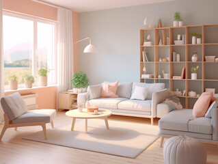 Small cozy modern living room in pastel color