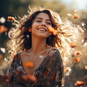 happy young woman in the countryside in the summer smiling
