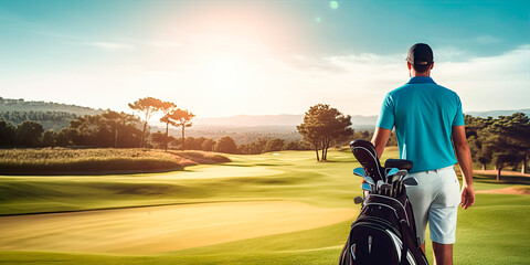 Young golfer walking by carrying golf bag in golf course