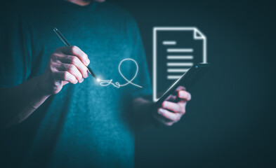The person touching the virtual screen to sign a document digitally, digital transformation management concept Internet of Things, Big Data and Business Processes, Automated Operations, Data Storage