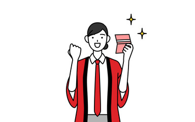 預金通帳を見て喜ぶ赤い法被を着た販売員の女性