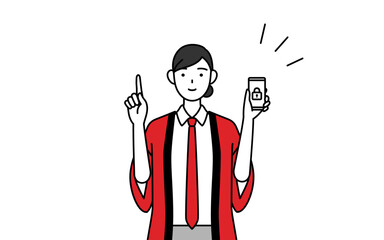 スマホのセキュリティ対策をする赤い法被を着た販売員の女性