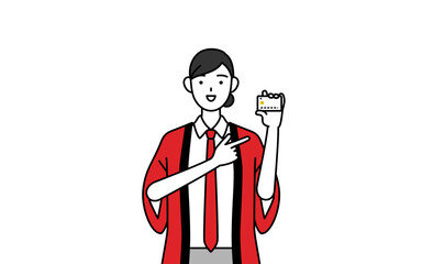 クレジット決済を勧める赤い法被を着た販売員の女性