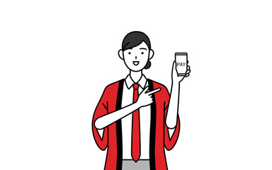 スマホのキャッシュレス・オンライン決済を勧める赤い法被を着た販売員の女性