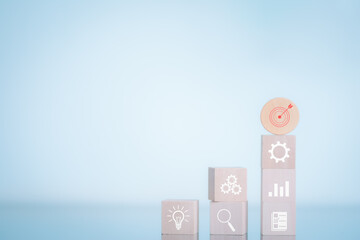 Planning and strategy, workflow, business growth, progress or success concept, tiling of wooden blocks to show workflow, business process, data analytics concept