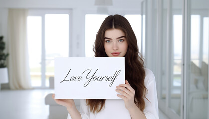 Love yourself message from a young woman holding a sign in her apartment Generative AI illustrations